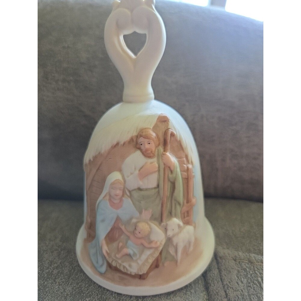 Vintage Homco Porcelain Bisque Bell, Christmas Nativity Scene, 5.75” Tall